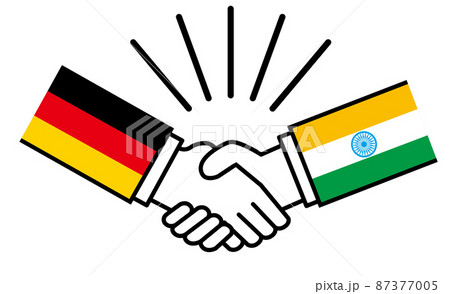 ドイツとインド、国旗がついた手が握手　国家間の戦争紛争　同盟、和解、合意のイメージイラスト 87377005