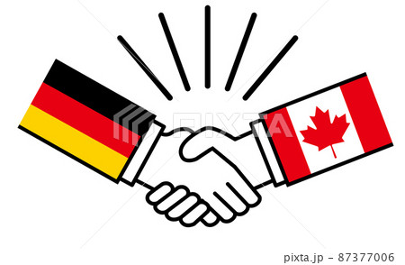 ドイツとカナダ、国旗がついた手が握手　国家間の戦争紛争　同盟、和解、合意のイメージイラスト