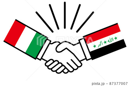 イタリアとイラク、国旗がついた手が握手　国家間の戦争紛争　同盟、和解、合意のイメージイラスト 87377007