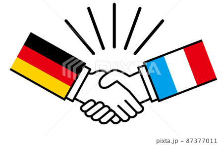 ドイツとフランス、国旗がついた手が握手　国家間の戦争紛争　同盟、和解、合意のイメージイラスト 87377011