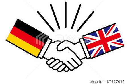 ドイツとイギリス、国旗がついた手が握手　国家間の戦争紛争　同盟、和解、合意のイメージイラスト 87377012