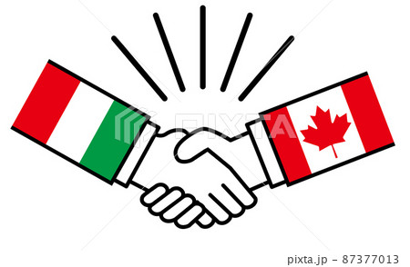 イタリアとカナダ、国旗がついた手が握手　国家間の戦争紛争　同盟、和解、合意のイメージイラスト