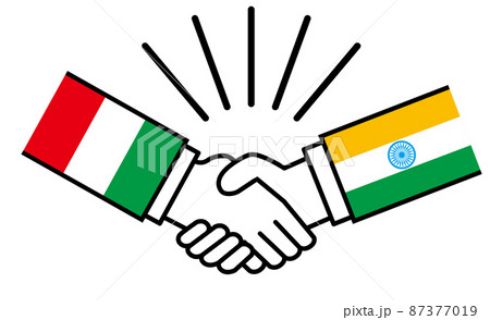 イタリアとインド、国旗がついた手が握手　国家間の戦争紛争　同盟、和解、合意のイメージイラスト