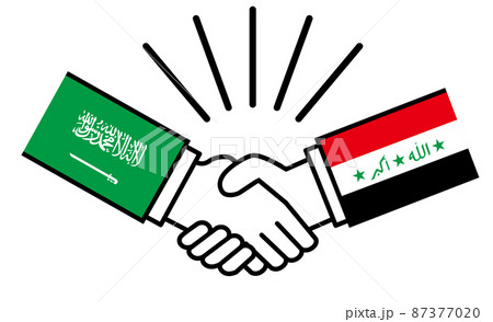 サウジアラビアとイラク、国旗がついた手が握手　国家間の戦争紛争　同盟、和解、合意のイメージイラスト 87377020