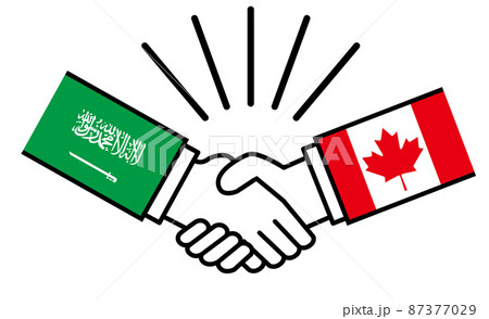 サウジアラビアとカナダ、国旗がついた手が握手　国家間の戦争紛争　同盟、和解、合意のイメージイラスト