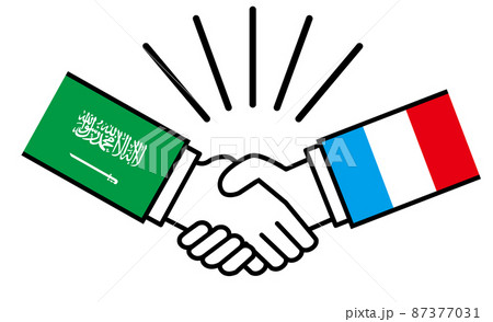 サウジアラビアとフランス、国旗がついた手が握手　国家間の戦争紛争　同盟、和解、合意のイメージイラスト 87377031
