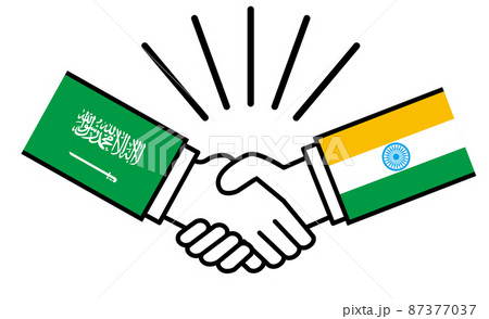 サウジアラビアとインド、国旗がついた手が握手　国家間の戦争紛争　同盟、和解、合意のイメージイラスト
