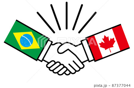 ブラジルとカナダ、国旗がついた手が握手　国家間の戦争紛争　同盟、和解、合意のイメージイラスト