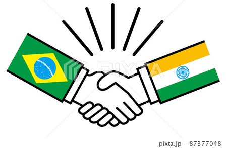 ブラジルとインド、国旗がついた手が握手　国家間の戦争紛争　同盟、和解、合意のイメージイラスト 87377048