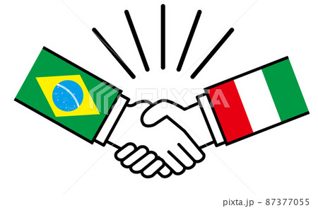 ブラジルとイタリア、国旗がついた手が握手　国家間の戦争紛争　同盟、和解、合意のイメージイラスト 87377055