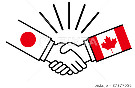 日本とカナダ、国旗がついた手が握手　国家間の戦争紛争　同盟、和解、合意のイメージイラスト