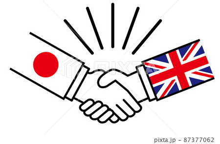 日本とイギリス 国旗がついた手が握手 国家間の戦争紛争 同盟 和解 合意のイメージイラストのイラスト素材