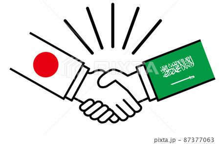 日本とサウジアラビア、国旗がついた手が握手　国家間の戦争紛争　同盟、和解、合意のイメージイラスト 87377063