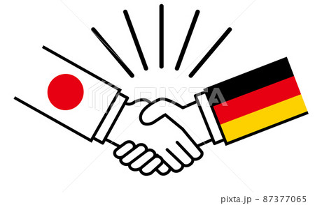 日本とドイツ、国旗がついた手が握手　国家間の戦争紛争　同盟、和解、合意のイメージイラスト 87377065