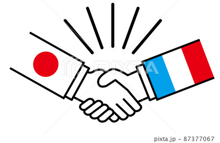 日本とフランス、国旗がついた手が握手　国家間の戦争紛争　同盟、和解、合意のイメージイラスト 87377067