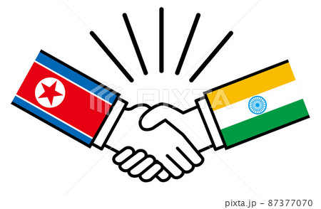 北朝鮮とインド、国旗がついた手が握手　国家間の戦争紛争　同盟、和解、合意のイメージイラスト