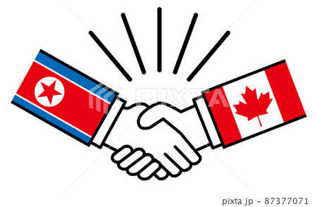 北朝鮮とカナダ、国旗がついた手が握手　国家間の戦争紛争　同盟、和解、合意のイメージイラスト
