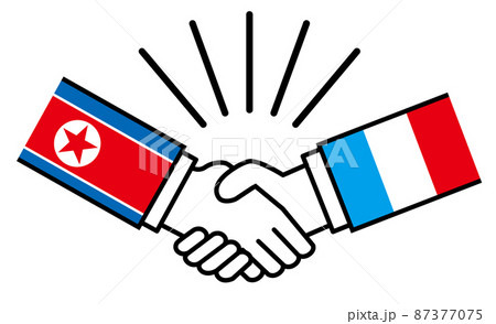 北朝鮮とフランス、国旗がついた手が握手 国家間の戦争紛争 同盟、和解、合意のイメージイラスト 北朝鮮とフランス、国旗がついた手が握手 国家間の戦争紛争 同盟、和解、合意のイメージイラスト 87377075