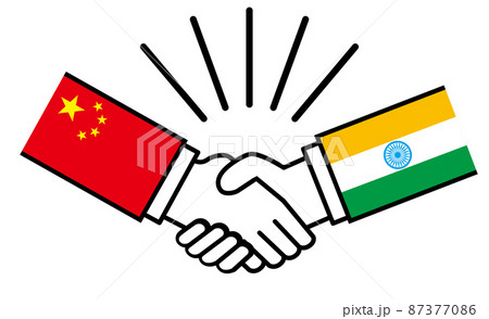 中国とインド、国旗がついた手が握手　国家間の戦争紛争　同盟、和解、合意のイメージイラスト