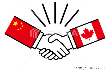 中国とカナダ、国旗がついた手が握手　国家間の戦争紛争　同盟、和解、合意のイメージイラスト