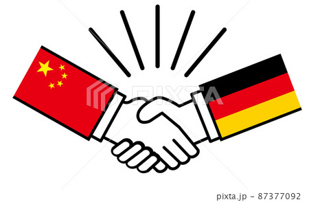 中国とドイツ、国旗がついた手が握手　国家間の戦争紛争　同盟、和解、合意のイメージイラスト 87377092