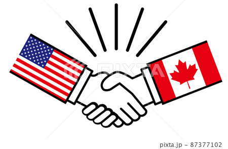 アメリカとカナダ、国旗がついた手が握手　国家間の戦争紛争　同盟、和解、合意のイメージイラスト