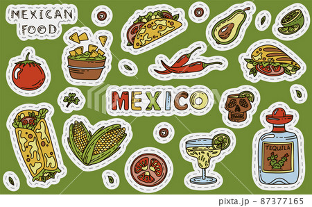 Mexican cuisine, vector doodle food set. National spicy food, fast food, snacks. Sketch illustration for restaurant, menu, cafe. Fiesta mexicana Mexican cuisine, vector doodle food set. National spicy food, fast food, snacks. Sketch illustration for restaurant, menu, cafe. Fiesta mexicana 87377165