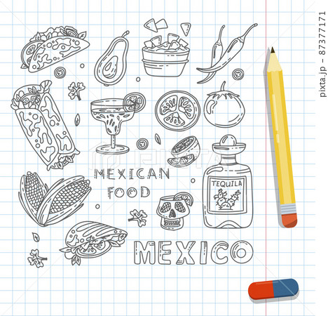 Mexican cuisine, vector doodle food set. National spicy food, fast food, snacks. Sketch illustration for restaurant, menu, cafe. Fiesta mexicana Mexican cuisine, vector doodle food set. National spicy food, fast food, snacks. Sketch illustration for restaurant, menu, cafe. Fiesta mexicana 87377171