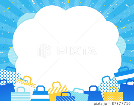 ショッピングバッグ×紙吹雪×集中線の水色フレーム素材（横向き） 87377716