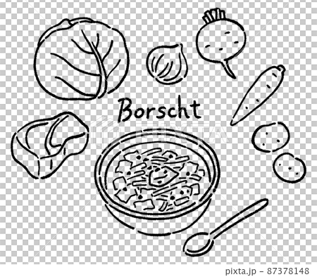 羅宋湯和配料的矢量插圖集線描 87378148