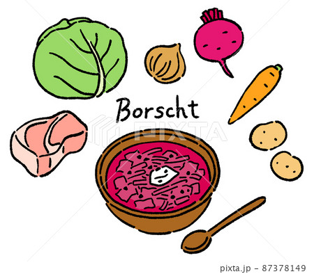 ボルシチと食材のベクターイラストセット　線画 87378149