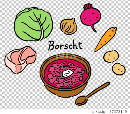 ボルシチと食材のベクターイラストセット　線画 87378149