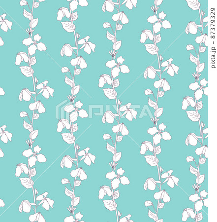 春の草花が並んだ線画のおしゃれなシームレスパターンのイラスト ブルーグリーン 春の草花が並んだ線画のおしゃれなシームレスパターンのイラスト ブルーグリーン 87379329