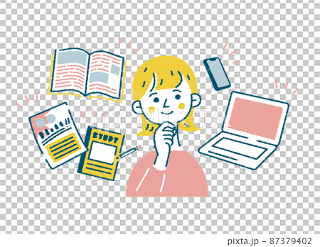 パソコンやスマホ、本など情報収集をする女性の淡色ベクターイラスト 87379402