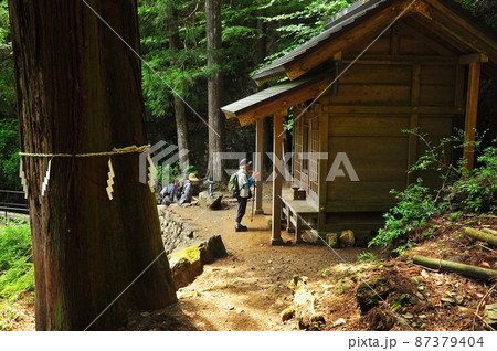 伊勢原市 大山登山道途中の二重社と参拝登山者と新緑 伊勢原市 大山登山道途中の二重社と参拝登山者と新緑 87379404