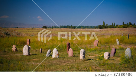 Kurgan stelae aka Balbals near the Berana tower, Tokmok,Chuy Valley Kyrgyzstan Kurgan stelae aka Balbals near the Berana tower, Tokmok,Chuy Valley Kyrgyzstan 87380486