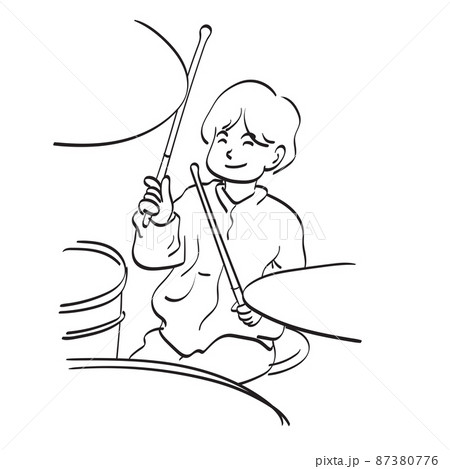 line art closeup young boy playing drum set illustration vector hand drawn isolated on white background 87380776