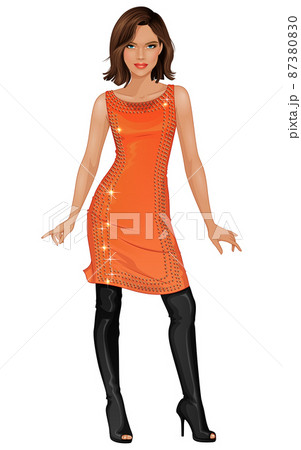Vector fashion young woman in orange dress and black over-knee high heel boots 87380830