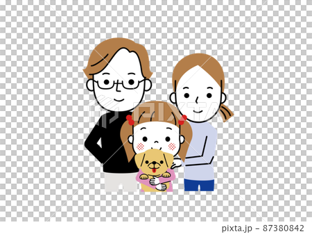 一個抱著小狗的女孩,一個父親和一個母親,一個愛狗的家庭。 一個抱著小狗的女孩,一個父親和一個母親,一個愛狗的家庭。 87380842