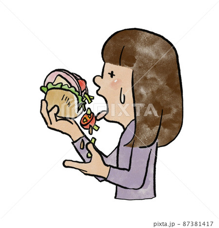 食べにくいサンドイッチと格闘する女の子 87381417