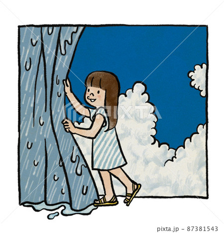 梅雨のカーテンを開ける女の子のイラスト素材