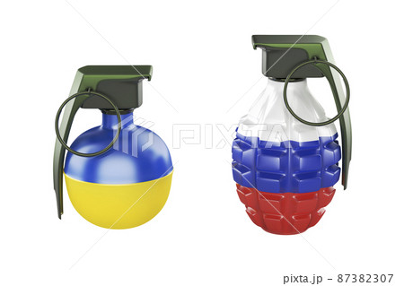 Grenades with the colors of Ukrainian and Russian flags Grenades with the colors of Ukrainian and Russian flags 87382307