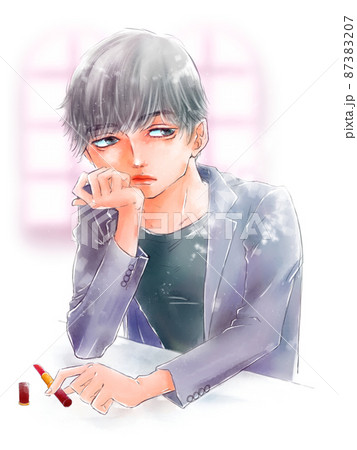 頬杖をつく若い男性 窓 口紅のイラスト素材 8737