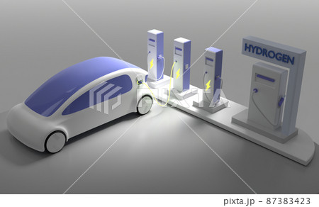 Future electric car on charging station with plug in cable at night. Refueling service for fuel cell or hydrogen gas vehicles. Eco friendly transport no emissions with energy battery, 3d render Future electric car on charging station with plug in cable at night. Refueling service for fuel cell or hydrogen gas vehicles. Eco friendly transport no emissions with energy battery, 3d render 87383423