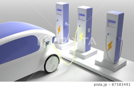 Electric car on charging station with plug in glow cable. Future vehicle on ev refueling service, eco energy fuel selling for city auto, 3d render illustration. Hybrid automobile at battery charger 87383491