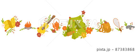 Vector set of travel camp. Bright childrens kit of hiking. Horizontal collection with tent, backpack with floral decoration. Summer active rest 87383868
