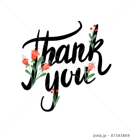 Handwritten lettering Thank you with floral pattern. Brush calligraphy quote with folk ornament. Vector symbols 87383869