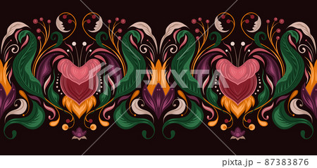 Vector seamless border with vintage floral ornament. Baroque frame with flowers and foliage on a dark background. 87383876