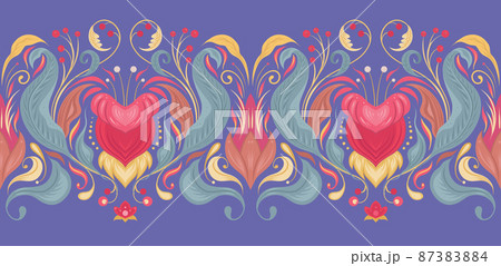 Vector seamless border with neon vintage floral ornament. Baroque frame with flowers and foliage on very peri background. 87383884