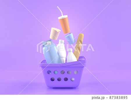 Shopping basket with grocery isolated on purple background. Full carry with food goods, milk, bread and drink, 3d render. Delivery products from online shop, retail store or market, digital marketing 87383895
